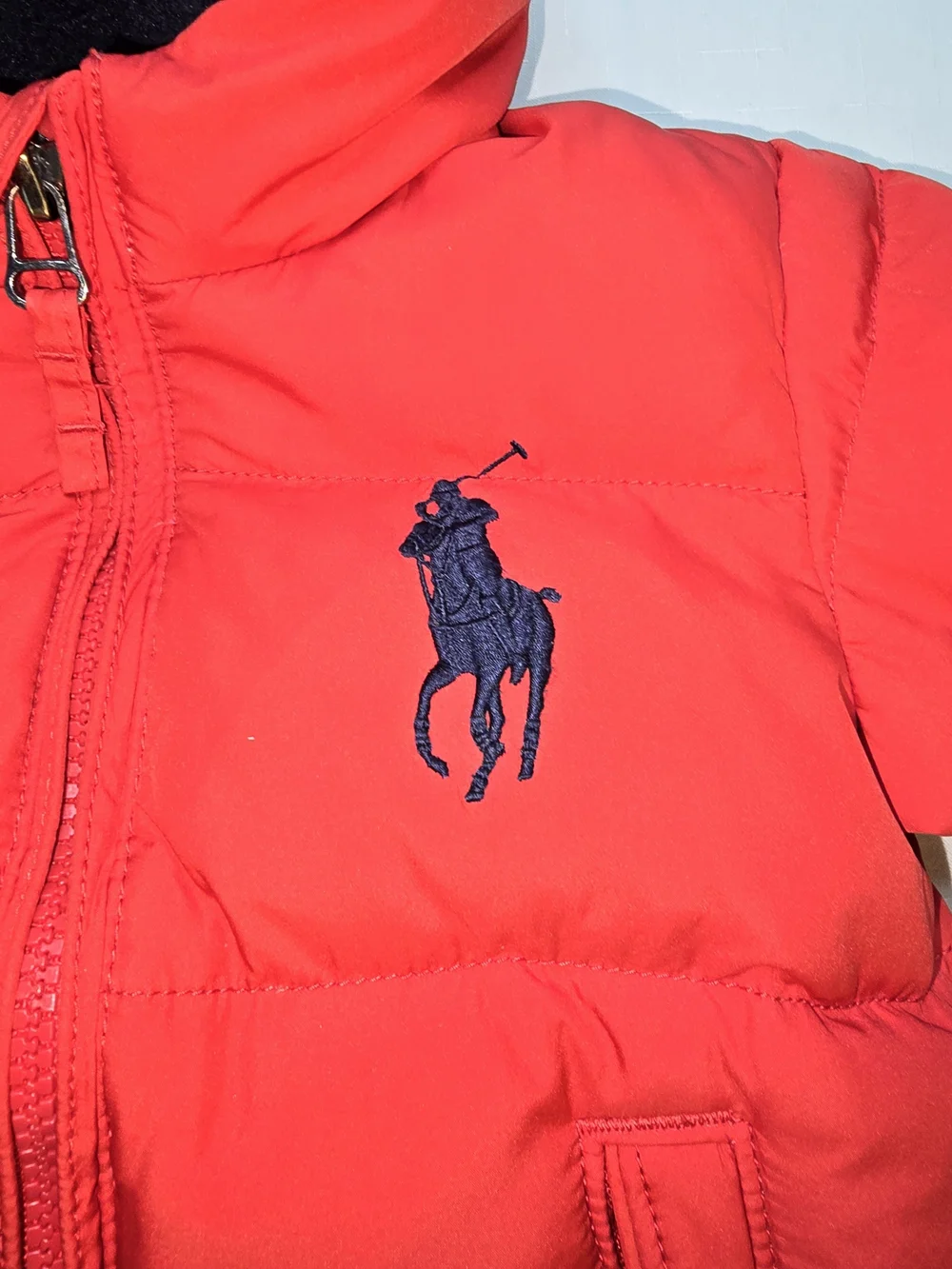 Kids Red Puffer Jacket with Large Black Logo Pony - Ralph Lauren